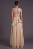 A Line Champagne Floral Illusion Neck Long Formal Dress