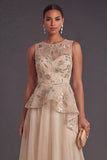 A Line Champagne Floral Illusion Neck Long Formal Dress