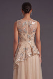A Line Champagne Floral Illusion Neck Long Formal Dress