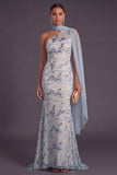 Light Blue Floral Mermaid One Shoulder Sparkly Long Formal Dress with Neck Scarf
