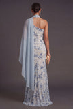 Light Blue Floral Mermaid One Shoulder Sparkly Long Formal Dress with Neck Scarf