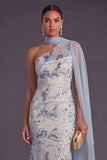 Light Blue Floral Mermaid One Shoulder Sparkly Long Formal Dress with Neck Scarf