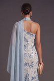 Light Blue Floral Mermaid One Shoulder Sparkly Long Formal Dress with Neck Scarf