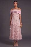 Pink A Line Off the Shoulder Long Appliqued Formal Dress