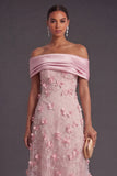 Pink A Line Off the Shoulder Long Appliqued Formal Dress