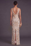 Sparkly Champagne Sheath Floral Long Formal Dress with Slit