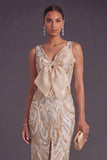 Sparkly Champagne Sheath Floral Long Formal Dress with Slit