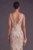 Sparkly Champagne Sheath Floral Long Formal Dress with Slit