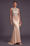 Satin Champagne Mermaid Illusion Neck Long Formal Dress