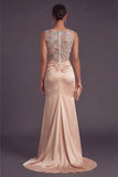Satin Champagne Mermaid Illusion Neck Long Formal Dress