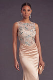 Satin Champagne Mermaid Illusion Neck Long Formal Dress