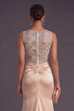 Satin Champagne Mermaid Illusion Neck Long Formal Dress
