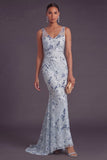 Light Blue Mermaid Sparkly Sequined Floral Long Formal Dress
