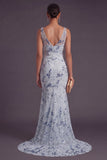 Light Blue Mermaid Sparkly Sequined Floral Long Formal Dress