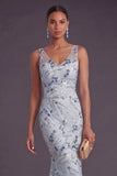 Light Blue Mermaid Sparkly Sequined Floral Long Formal Dress