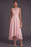 Pink A Line Floral Illusion Neck Appliqued Long Formal Dress