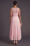 Pink A Line Floral Illusion Neck Appliqued Long Formal Dress