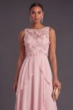 Pink A Line Floral Illusion Neck Appliqued Long Formal Dress