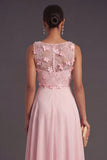 Pink A Line Floral Illusion Neck Appliqued Long Formal Dress
