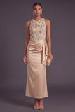 Champagne Floral Mermaid Satin Round Neck Long Formal Dress with Drape