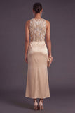 Champagne Floral Mermaid Satin Round Neck Long Formal Dress with Drape