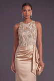 Champagne Floral Mermaid Satin Round Neck Long Formal Dress with Drape