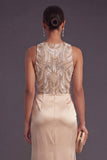 Champagne Floral Mermaid Satin Round Neck Long Formal Dress with Drape
