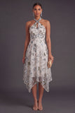 Grey Blue A Line Floral Halter Neck Midi Formal Dress