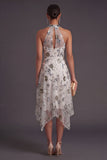 Grey Blue A Line Floral Halter Neck Midi Formal Dress