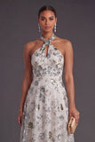 Grey Blue A Line Floral Halter Neck Midi Formal Dress