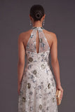 Grey Blue A Line Floral Halter Neck Midi Formal Dress