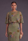 Olive Mermaid Floral Appliqued Beaded Long Formal Dress