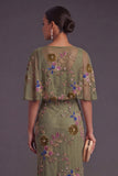 Olive Mermaid Floral Appliqued Beaded Long Formal Dress