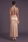Champagne Floral Mermaid Backless Long Formal Dress