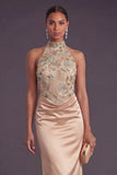 Champagne Floral Mermaid Backless Long Formal Dress