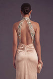 Champagne Floral Mermaid Backless Long Formal Dress