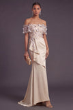 Apricot Mermaid Floral Off the Shoulder Mermaid Long Formal Dress