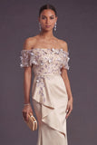 Apricot Mermaid Floral Off the Shoulder Mermaid Long Formal Dress