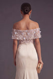 Apricot Mermaid Floral Off the Shoulder Mermaid Long Formal Dress