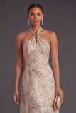 A Line Floral Champagne Halter Neck Long Formal Dress