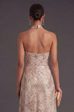 A Line Floral Champagne Halter Neck Long Formal Dress