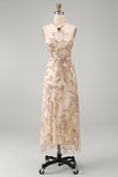 A Line Floral Champagne Halter Neck Long Formal Dress