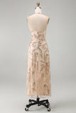 A Line Floral Champagne Halter Neck Long Formal Dress