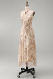 A Line Floral Champagne Halter Neck Long Formal Dress
