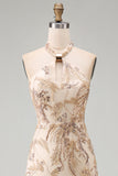 A Line Floral Champagne Halter Neck Long Formal Dress