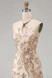 A Line Floral Champagne Halter Neck Long Formal Dress