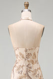 A Line Floral Champagne Halter Neck Long Formal Dress
