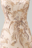 A Line Floral Champagne Halter Neck Long Formal Dress