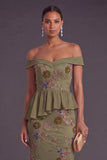 Off the Shoulder Floral Mermaid Olive Midi Formal Dress