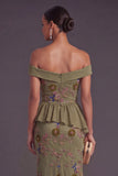 Off the Shoulder Floral Mermaid Olive Midi Formal Dress